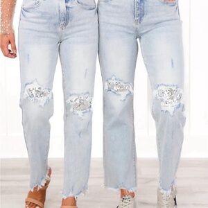Trendy Light Blue Sequin Women Jeans